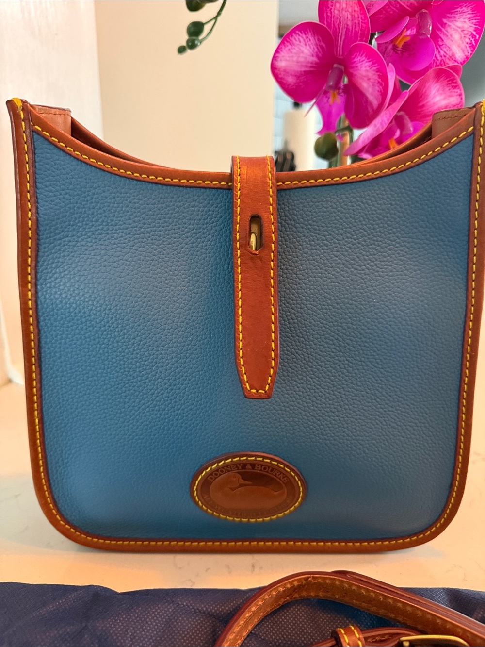 Dooney & Bourke Blue Leather Crossbody with Brown Trim and Yellow Stitching